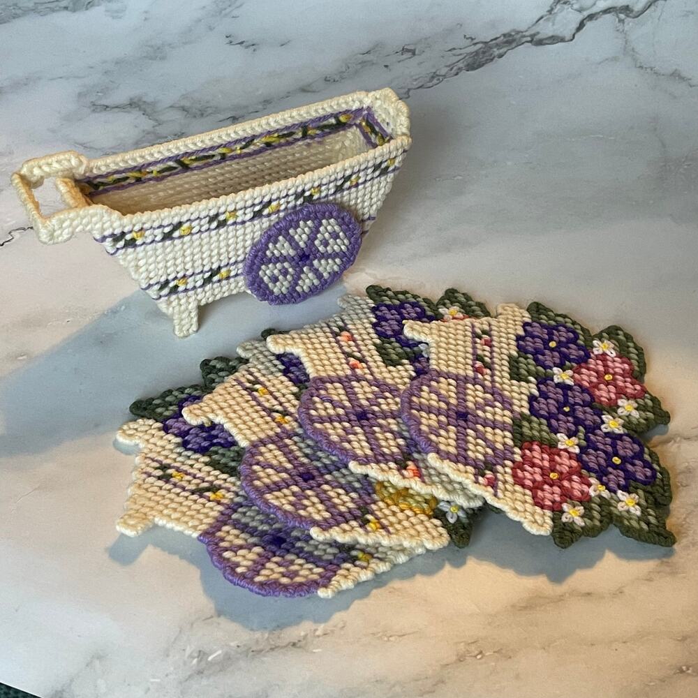 Vintage Plastic Canvas Floral Coaster Set Wagon Holder 5pc Handmade Needlepoint